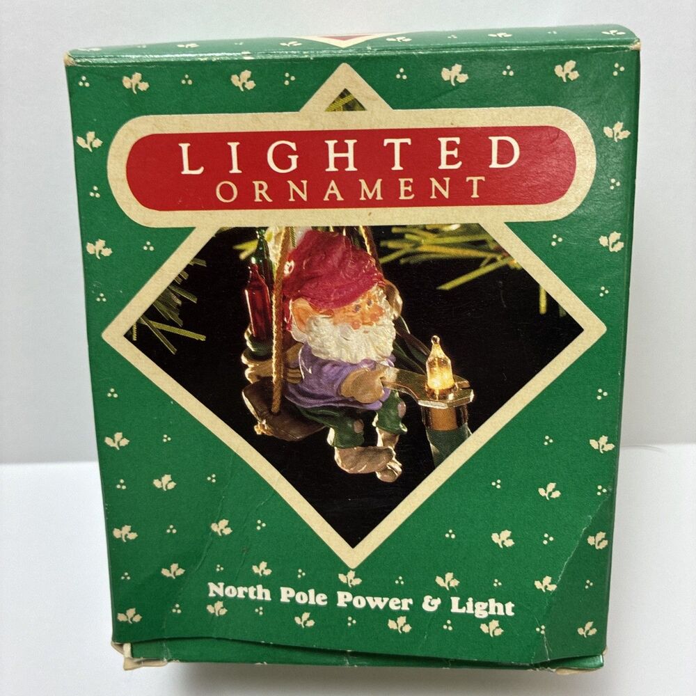 Vintage Hallmark North Pole Power & Light Lighted Ornament Elf on Swing Box 1987